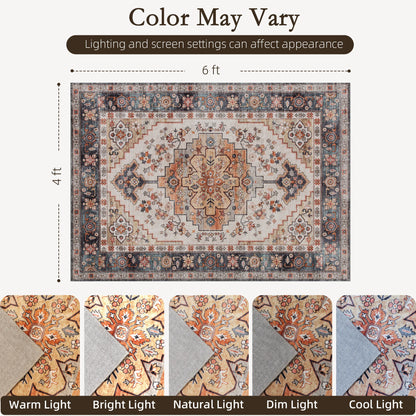 Machine Washable Area Rug, 4'x6' Vintage Oriental Medallion Distressed Rugs Soft Printed Floor Mat, Tawny Brown
