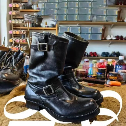 Men's Genuine Leather Engineer Boots Black Metal Buckle Strap Knight Boots Trendy Round Toe Mid-calf Motorcycle Boots