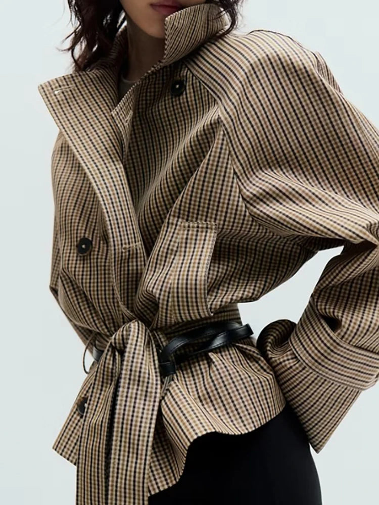 Beige Checkered Cropped Trench Coat Women Stand Collar With Waist Belt Loose Oversized Autumn Daily Wear Outer Jacket