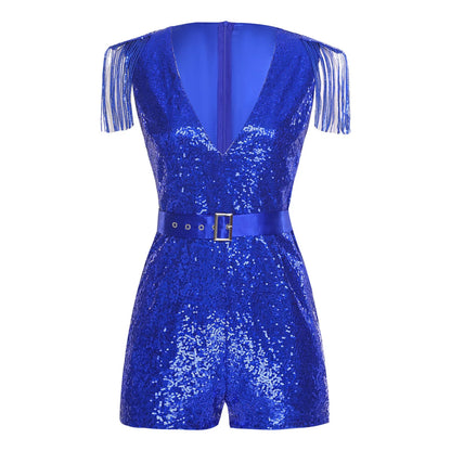 Women Sequined Unitard Fashion Short Romper Belted Tassels Jumpsuits Clubwear Sleeveless Sparkly Rave Disco Club Party Costume