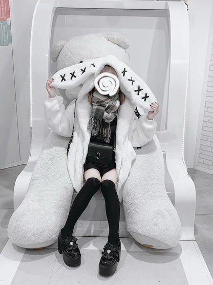 Mauroicardi Autumn Winter Sweet Cute Kawaii Soft Thick Warm Black Faux Fur Coat Women with Bunny Ears Cute Fluffy Jacket Hoodie