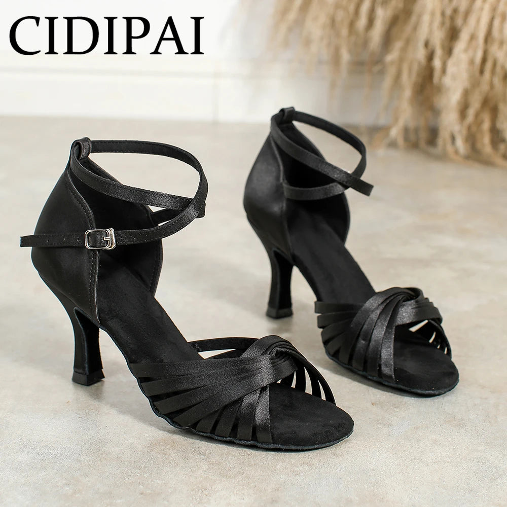 CIDIPAI Black Silk Satin Latin Dance Shoes For Women Latex Soft Soled Ballroom Tango Salsa Dance Shoes Indoor Party Shoes