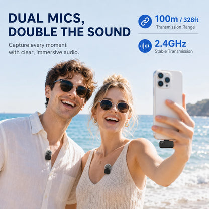 Mini Wireless Clip-On Microphone, Smart Noise Reduction, Long Battery Life, Perfect for Live Streaming, Podcasts, and Vlogs.