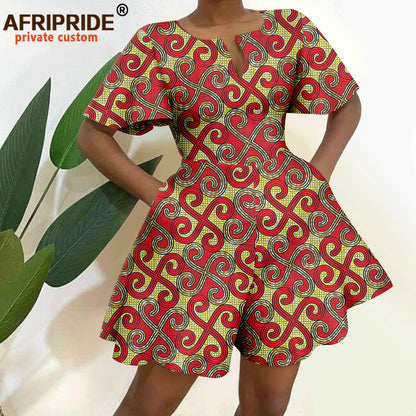 2026 African Clothes for Women Short Sleeve High Waist Print Jumpsuit Casual Cotton Summer Outfits Rompers Playsuits A2329001