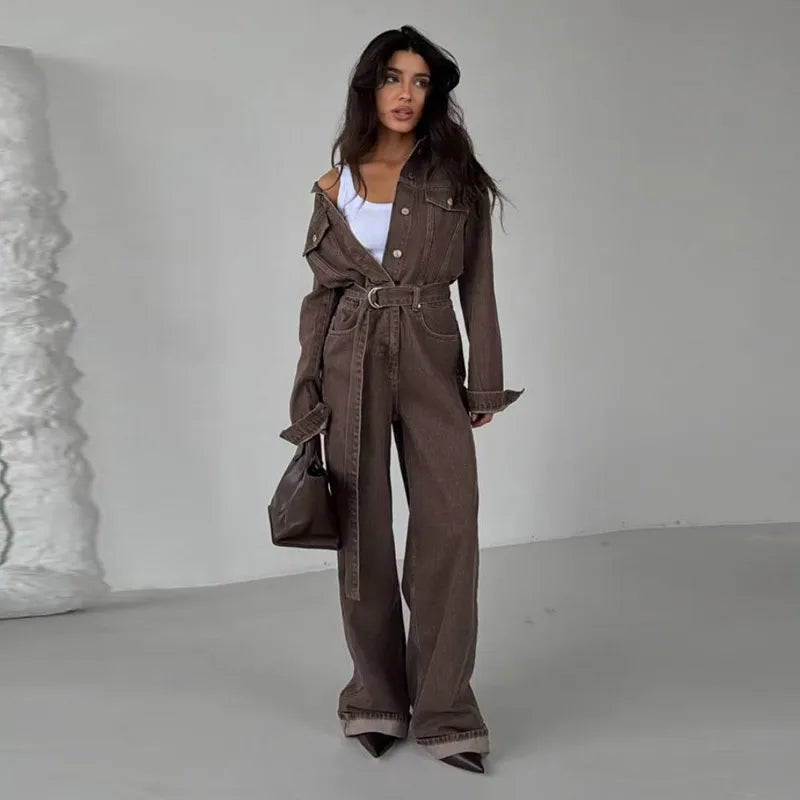 Chic Denim Women's Jumpsuit Turn-Down Collar Lace Up Full Sleeve Lady Long Jumpsuits 2026 Spring Casual Female Streetwear