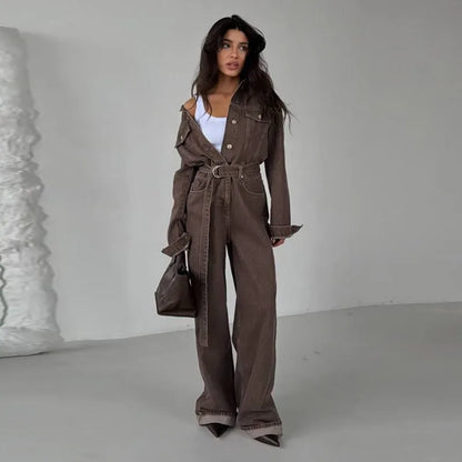 Chic Denim Women's Jumpsuit Turn-Down Collar Lace Up Full Sleeve Lady Long Jumpsuits 2026 Spring Casual Female Streetwear