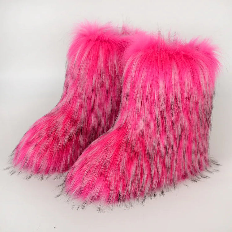 Women Faux Fur Boots Winter Fluffy Plush Warm Mid Calf Snow Boots Luxury Fashion Furry Boots Comfortable Outdoor Flat Shoes