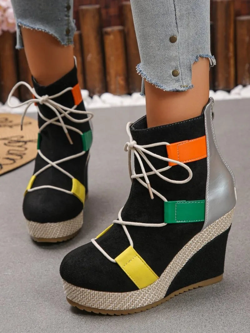 Women's Ankle Boots Wedge Heel Round Toe Platform Shoes Suede-Look Lace-Up Back Zipper Woven Trim Casual Street Style Footwear