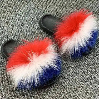 Real Raccoon Fur Slippers For Women 2026 Summer Fluffy Indoor House Fuzzy Flat Slides Outdoor Fashion Beach Sandals Flip Flops