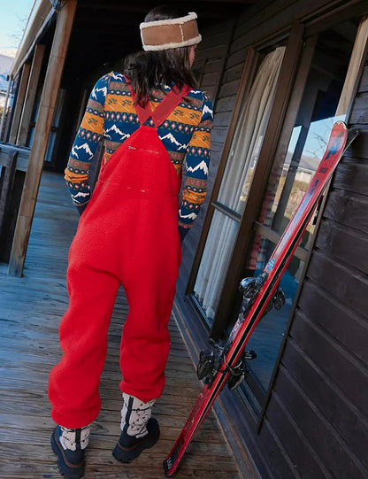 Women Fleece Warm Overalls Loose Casual Jumpsuits One-Piece Bibs Adjustable Suspender Straps Winter Fuzzy Soft Comfy Ski Pants