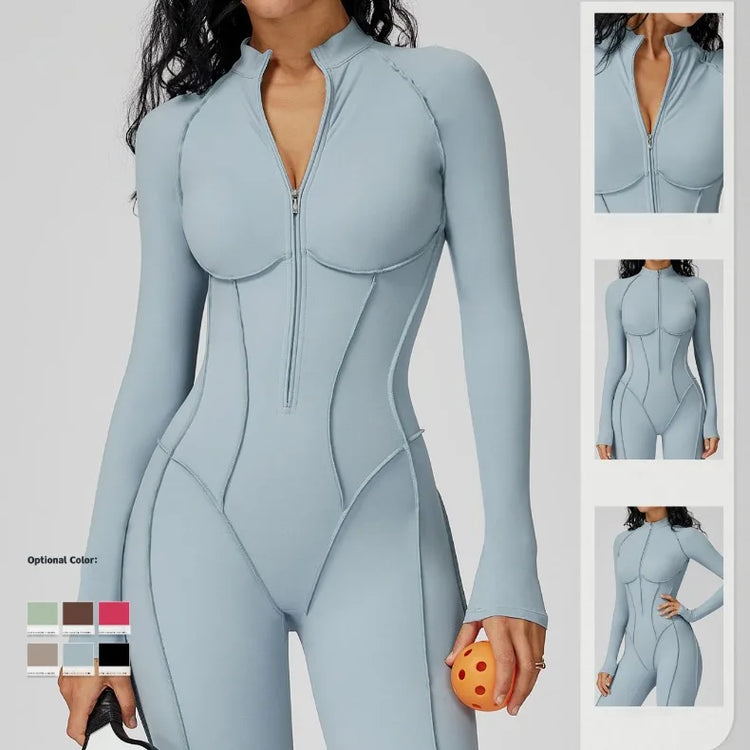 Women's New Sports Bodysuits Fitness Jumpsuit Slim Zipper Neck Sexy Splice Elasticity Jumpsuit Female Gym One Piece Sportswear