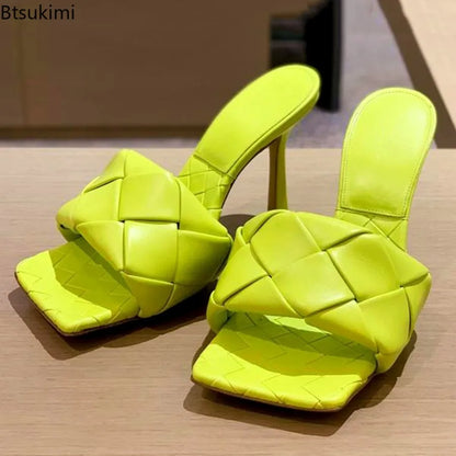 New 2026 Summer Fashion Women's Slippers PU Leather Square Toe Sandals for Women Fluorescent Yellow Fine Heel Ladies High Heels