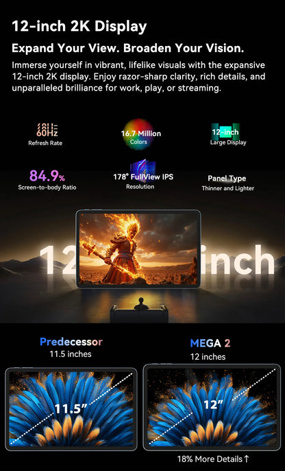 Blackview MEGA 2 Tablet PC Set With Keyboard, Mouse, Stylus, 12'' 2K Display 12GB+24GB RAM 256GB ROM, Android 15 Tablet, 9000mAh