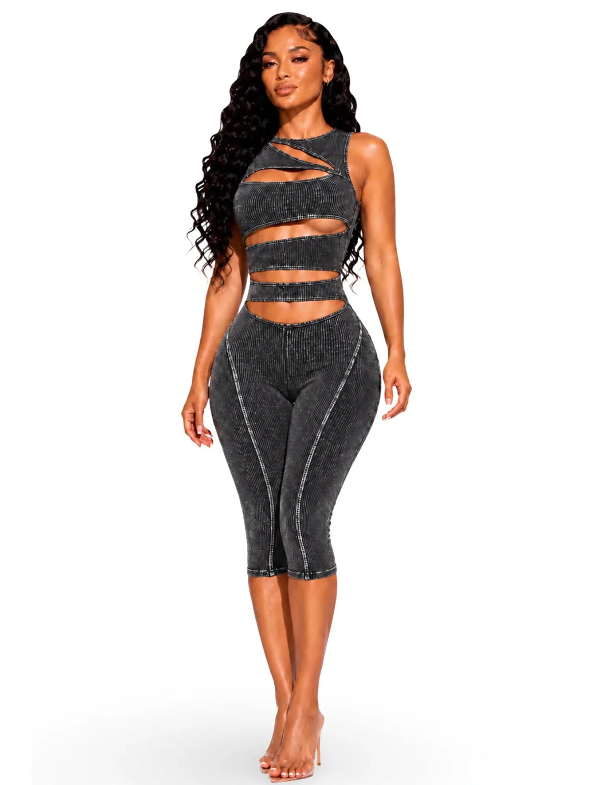 FLARORA Fashion Ribber Knitted Capri Jumpsuits Woman Sexy Hollow Out O-neck Sleeveless Zipper Skinny Playsuits Hottie Streetwear