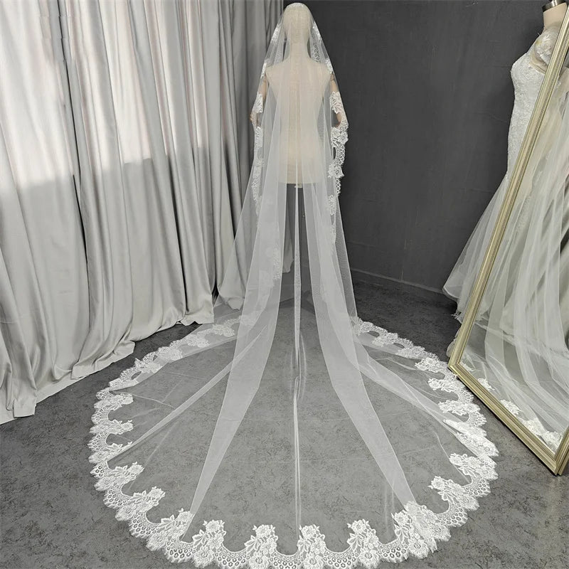 Customized Mantilla Wedding Veil with Eyelash Lace, 2.5m/3m/3.5m/4m Single Tier Long Ivory Bridal Veil with Hidden Comb