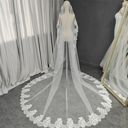 Customized Mantilla Wedding Veil with Eyelash Lace, 2.5m/3m/3.5m/4m Single Tier Long Ivory Bridal Veil with Hidden Comb