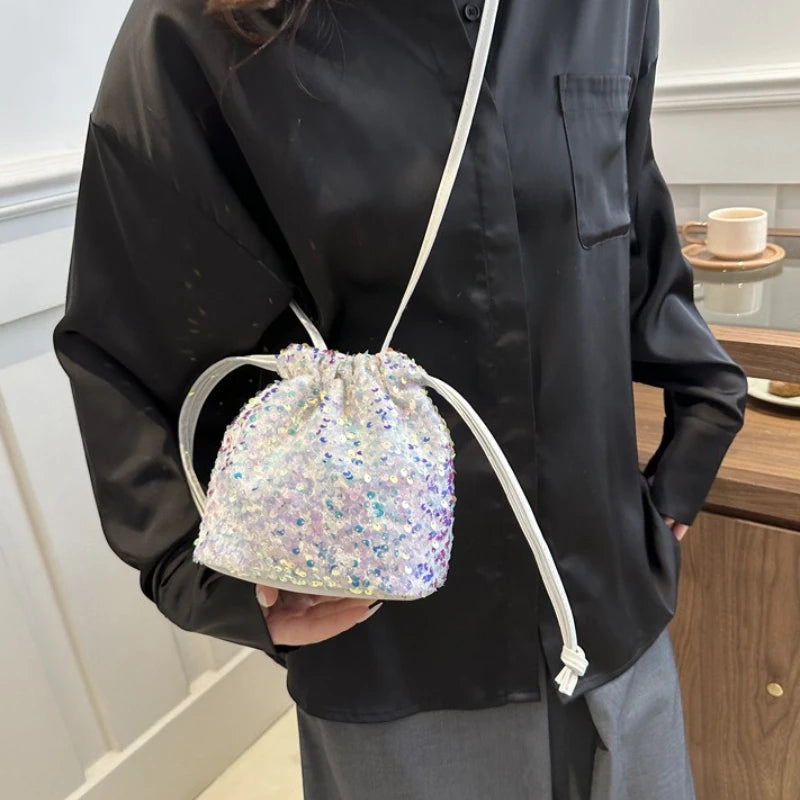 Shiny Sequin Drawstring Shoulder Bags for Women, Mini Crossbody Purse ,Sparkly Evening Handbag Suitable for Party Night Out