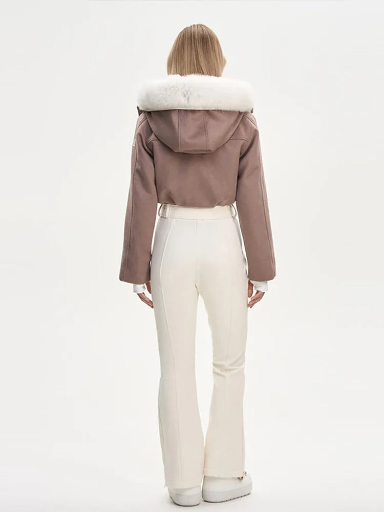 Faux Fur Patchwork Ski Jumpsuit Women Detachable Hoodie Long Sleeves Belts Zipper Warm Skiwear Female 2025 Winter Warm Rompers