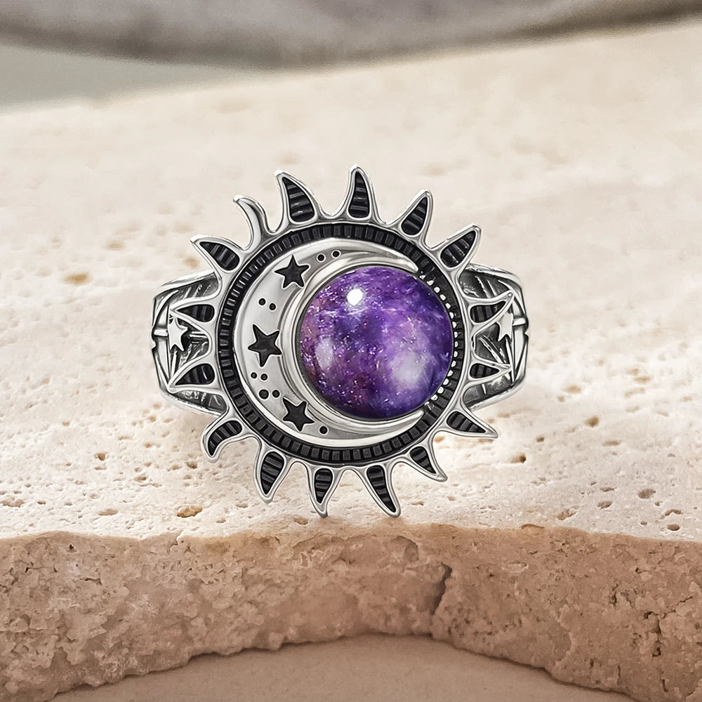 925 Sterling Silver Natural Moonstone Ring 8MM Bohemian Star Sun Moon Shape Ring Gothic Punk Style Party Gift for Women Men