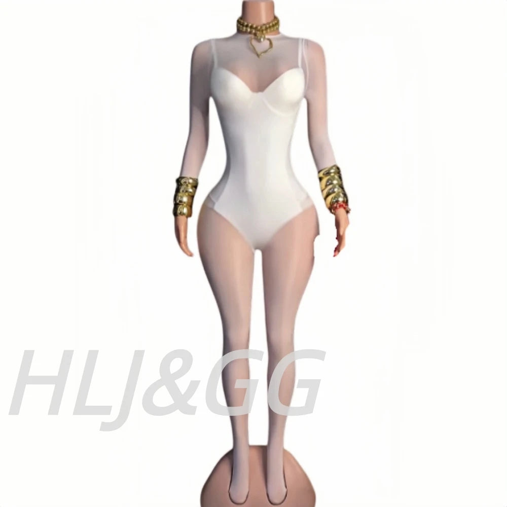 HLJ&GG Sexy Mesh See Through Bodycon Jumpsuits And Bodysuits Suits Women Long Sleeve Stretchy Playsuits Party Night Club Overall