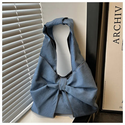 Sweet Bowknot Design Women's Denim Shoulder Bags Commuter Thread Ladies Handbags Casual Lightweight Female Underarm Tote Bag