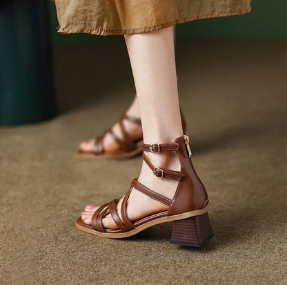 Sandals for Women Sexy Chunky Block Heel Stripper Leather Thick Woman Shoes Strappy Luxury Summer Footwear Chic and Elegant H F