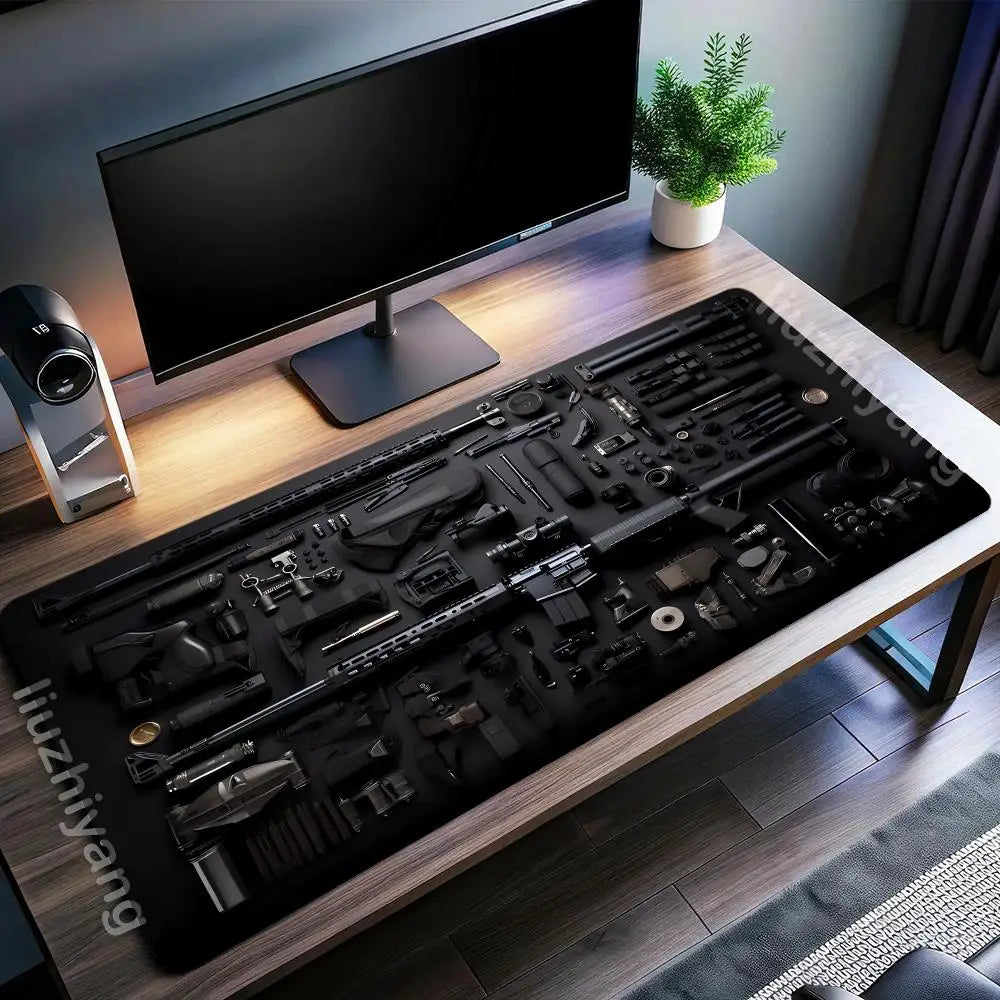 Military Weapons Theme Mouse Pad Large Computer Office Game Table Mat Rubber Anti-slip Stitched Keyboard Mat 90x40 XXL Desk Pads