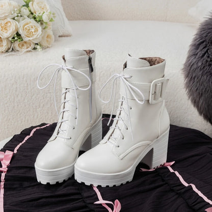 SIMLOVEYO Mortorcycle Ankle Boots Buckles Round Toe 9cm Block Heel Lace Up White Black Big Size 42 43 US12 Fashion