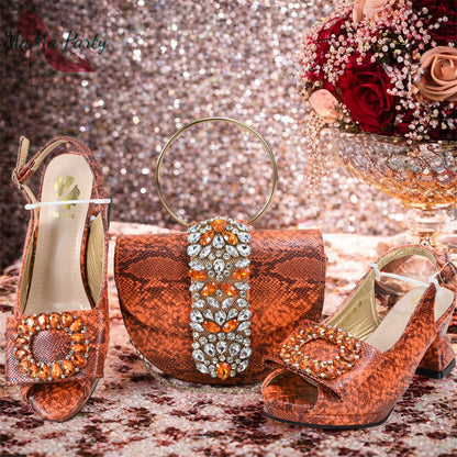 2025 Autumn New Design Specials Italian Women Shoes and Bag Set Pink Color Comfortable Mid Heels With Rhinestone