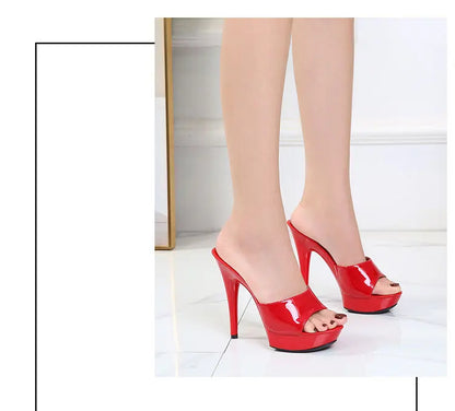 13CM Woman Slippers Mule Patent Leather Sandals Sexy Fashion Slides Party Shoes for Women Luxury Black Summer Platform Sandals