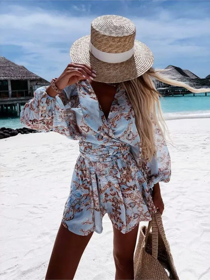 Spring Summer Boho Women Jumpsuit Fashion Deep V Neck Lantern Sleeve Casual Print Rompers Shorts Women's Elegant Jumpsuits New