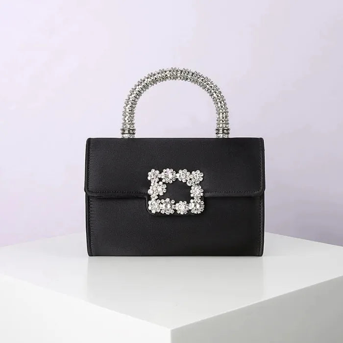 Rhinestone Faux Silk Emerald Evening Bag Silver Diamond Buckle Handle Fashion Handbags Elegant Ladies Square Bolsa Feminina