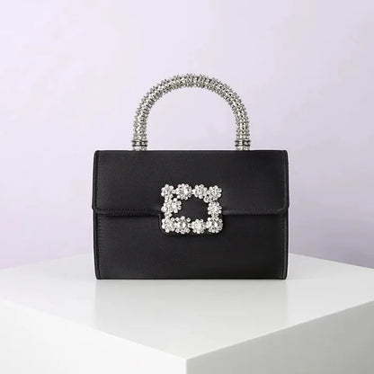Rhinestone Faux Silk Emerald Evening Bag Silver Diamond Buckle Handle Fashion Handbags Elegant Ladies Square Bolsa Feminina