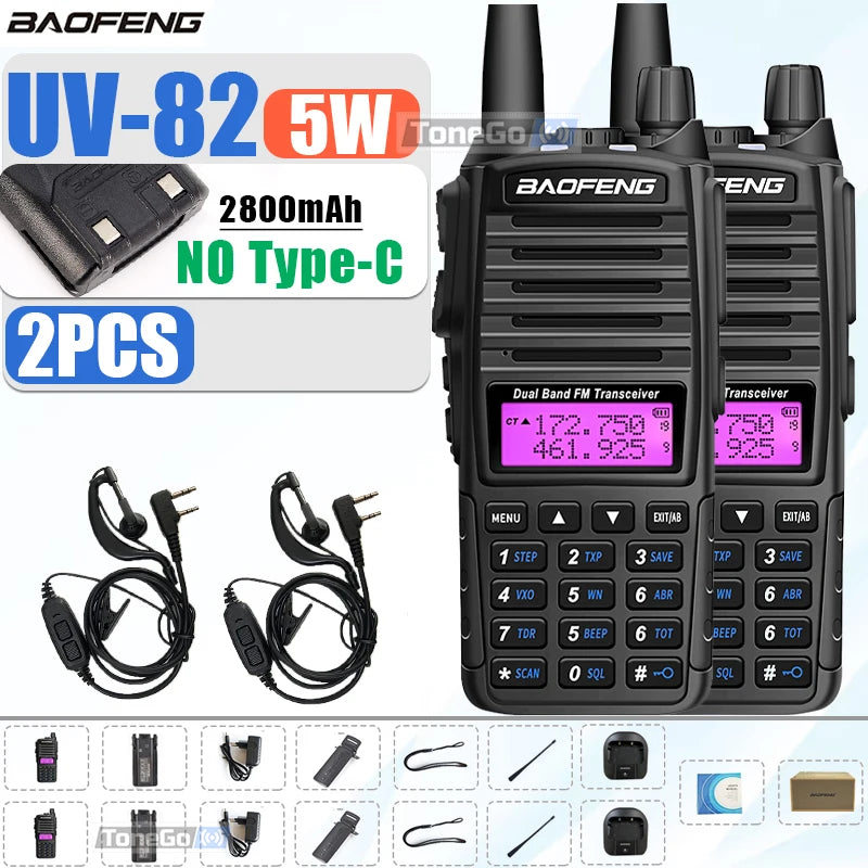 1/2Pcs Baofeng UV-82 Walkie Talkie 5/8W Tri-Power FM Radio Type-C Charger Dual PTT Dual Band VHF/UHF Two Way Camouflage For Hunt