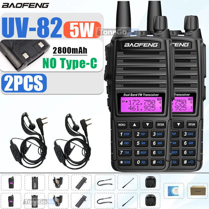 1/2Pcs Baofeng UV-82 Walkie Talkie 5/8W Tri-Power FM Radio Type-C Charger Dual PTT Dual Band VHF/UHF Two Way Camouflage For Hunt