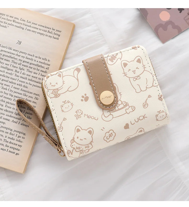 Cute Cat Coin Purse Women Fashion Short Wallet PU Leather Large Capacity Wallet Lightweight ID Card Holder Travel Cash Coin Bag