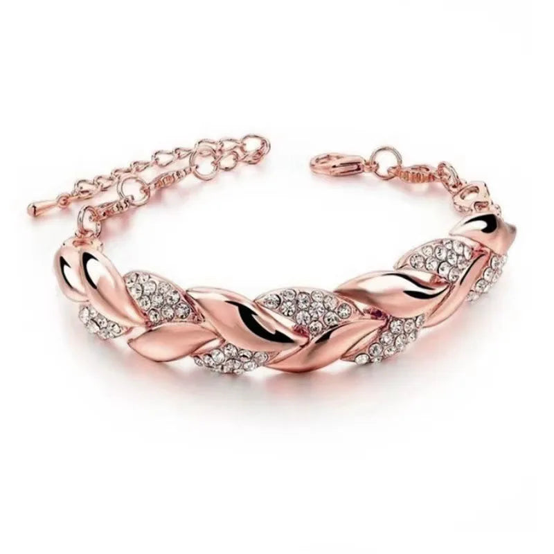 Luxury Love Braided Leaf Bracelet Charm Crystal Wedding Bracelets for Women Anniversary Valentines Day Gifts Aesthetic Jewelry