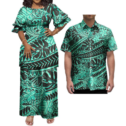 New Wholesale Custom Polynesian Tribal Design Petal Sleeve Samoan Puletasi Set Ptaha Plus Size Women 2 Piece Outfits Sets Dress
