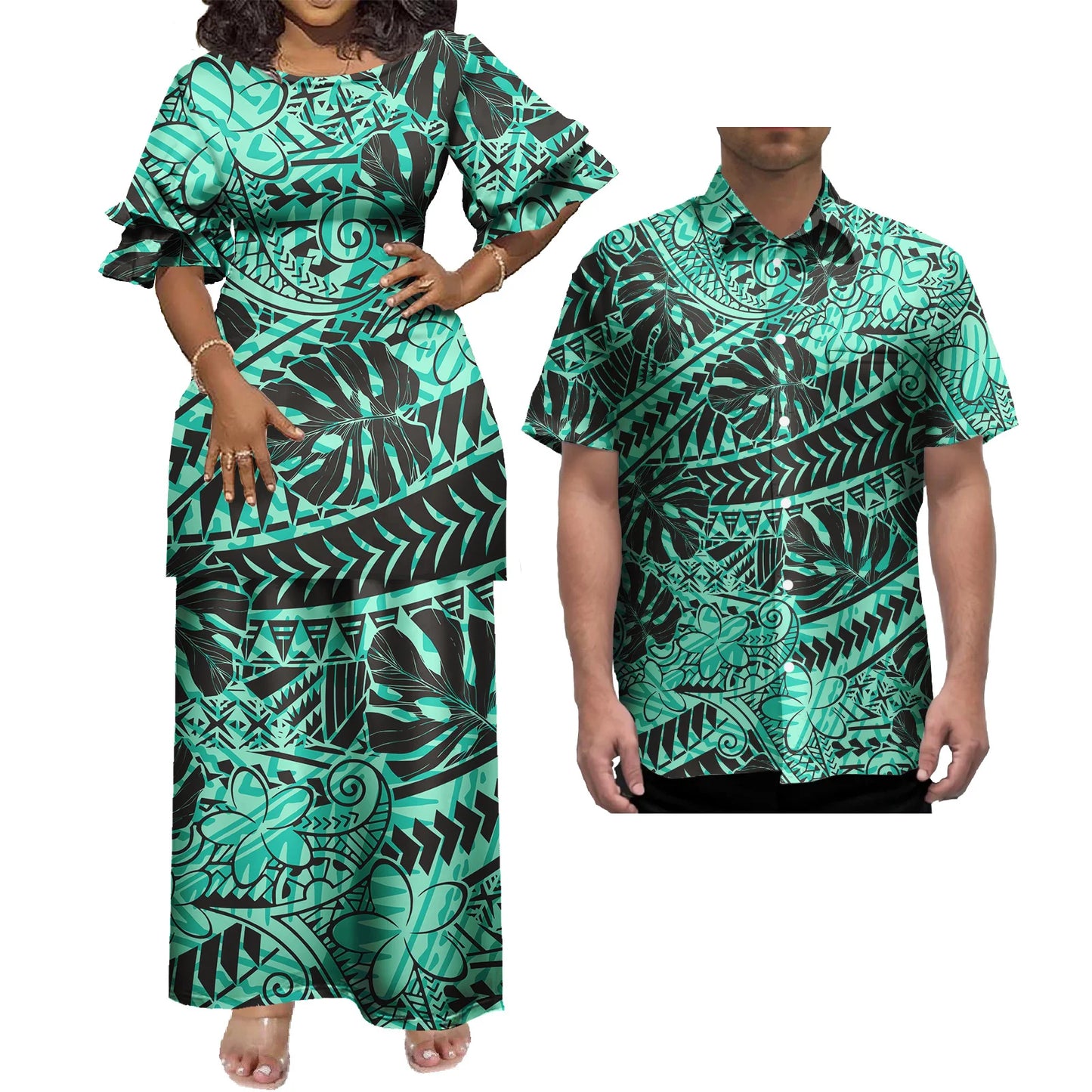 New Wholesale Custom Polynesian Tribal Design Petal Sleeve Samoan Puletasi Set Ptaha Plus Size Women 2 Piece Outfits Sets Dress