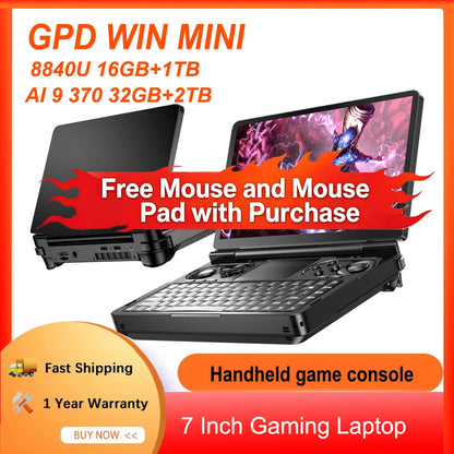 GPD WIN MINI AI 9 HX 370 7'' 1920*1080 64GB RAM 2TB 120Hz Handheld GamePad Tablet NVMe SSD 555g Pocket Game Player Mini Laptop