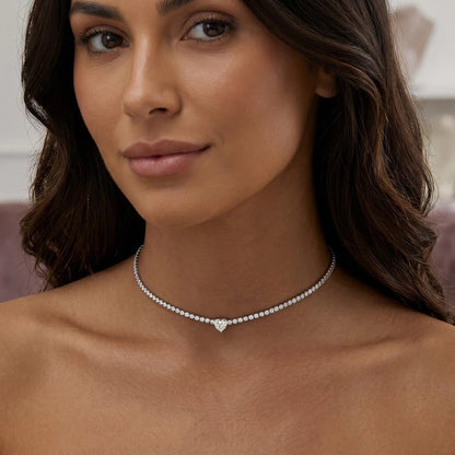Heart Pendant 2mm Moissanite Tennis Necklace Certified 925 Sterling Silver Wedding Jewelry Riviera Choker Necklace Gift for Her