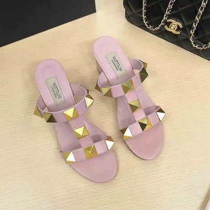 Women's Heels Sandals Gladiator Summer Luxury Brand Designer Rivets Open Toe Slipper Slingbacks Comfortable Ladies Shoes Women