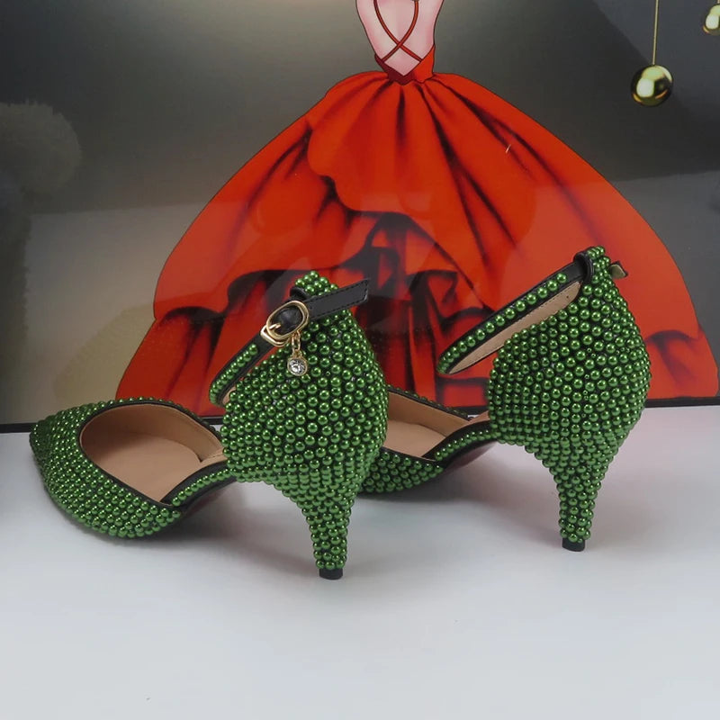 BaoYaFang New arrival Green Pearl Bridal shoes and Bag Set woman party dress shoes Big size ankle Strap Buckle Shoes High Pumps