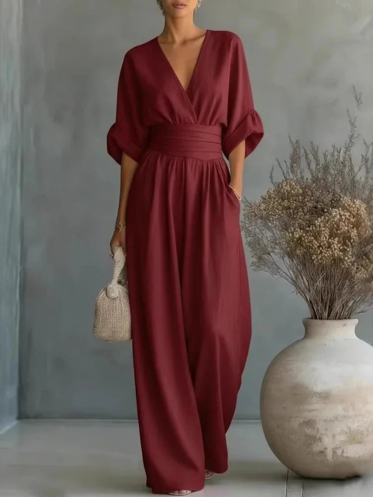 Women Elegant Linen V Neck Short Sleeve Jumpsuit Waist Cinched Wide Leg Long Pants Rompers with Pockets Casual Ladies Overalls
