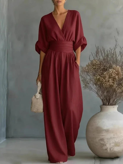 Women Elegant Linen V Neck Short Sleeve Jumpsuit Waist Cinched Wide Leg Long Pants Rompers with Pockets Casual Ladies Overalls