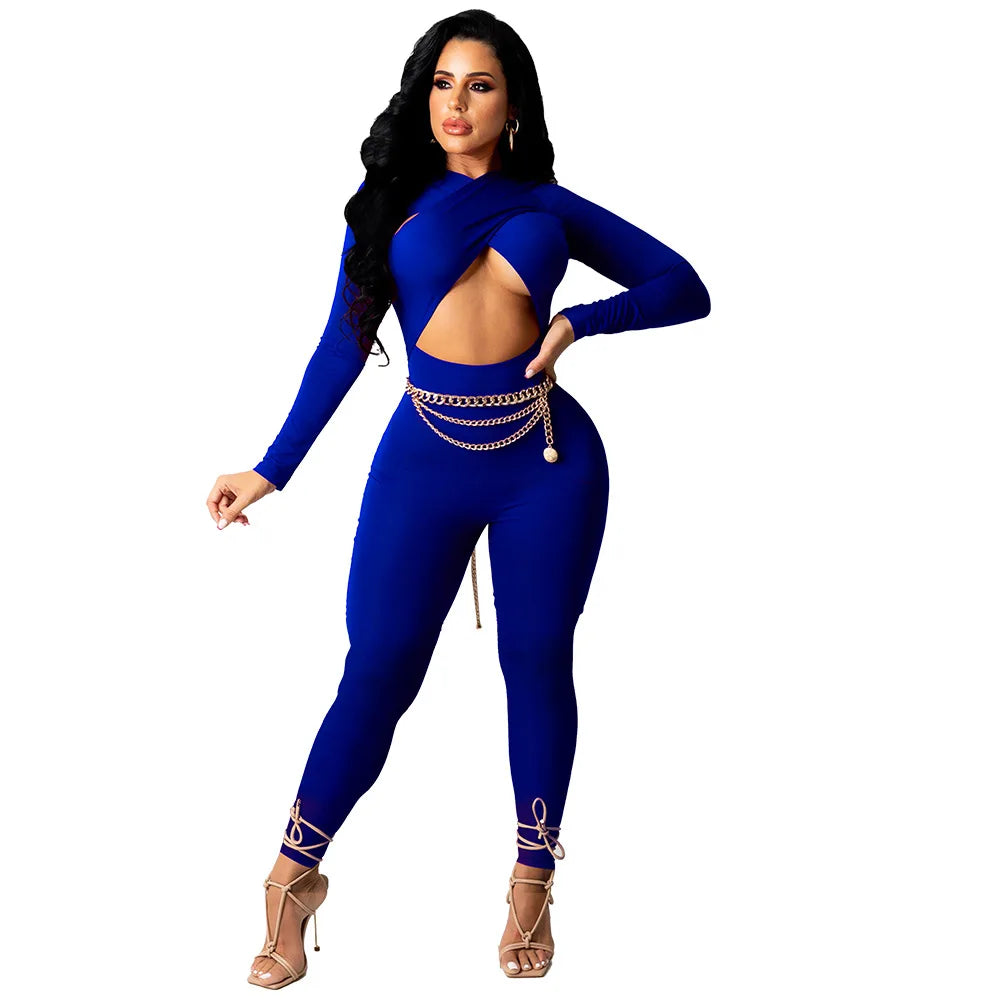 CM.YAYA Women Hollow Out Cross Sexy Party Clubwear Long Sleeve Jumpsuits 2024 Winter Autumn Street Crop One Piece Suit Rompers