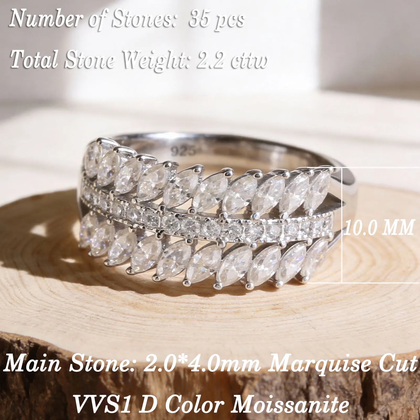 Newshe 925 Silver Marquise Moissanite Multi-Row Statement Rings for Women Bridal Elegant Wedding Engagement Band Luxury Jewelry