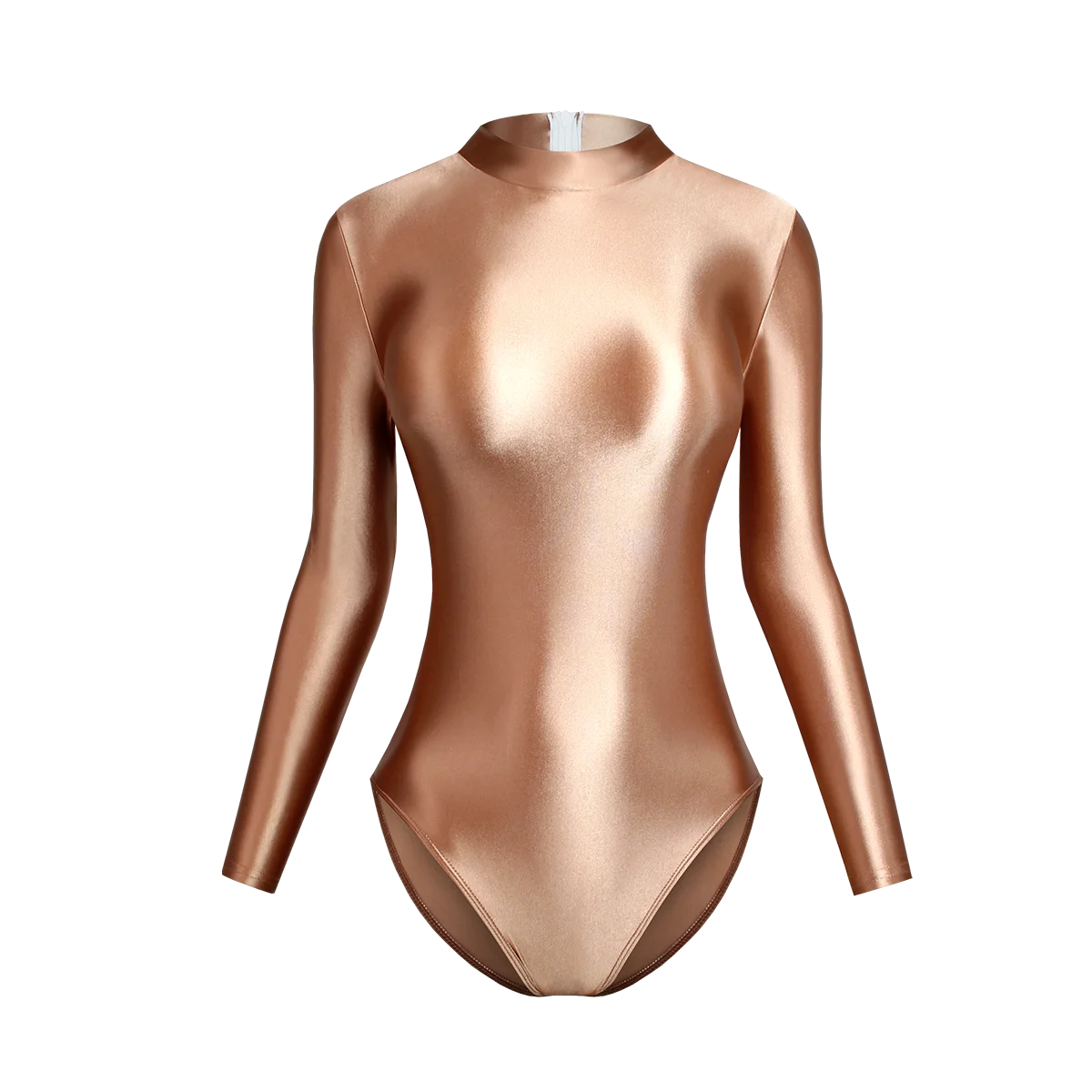 Satin Glossy Leotards Long Sleeve Back Zipper One Piece Swimsuit Sexy High-Cut Bikini Bodysuit Women Bathing Suit Plus Size