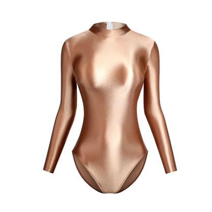 Satin Glossy Leotards Long Sleeve Back Zipper One Piece Swimsuit Sexy High-Cut Bikini Bodysuit Women Bathing Suit Plus Size