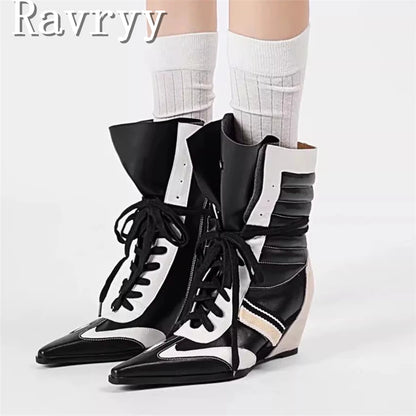 Niche Design Pointed Toe Colorblock Short Boots Fashion Women's Wedge Heel Lace Up Sporty Boxing Boots